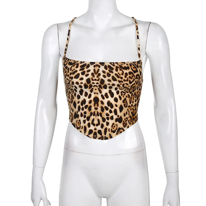 Top feminino com padrão leopardo, sem costas