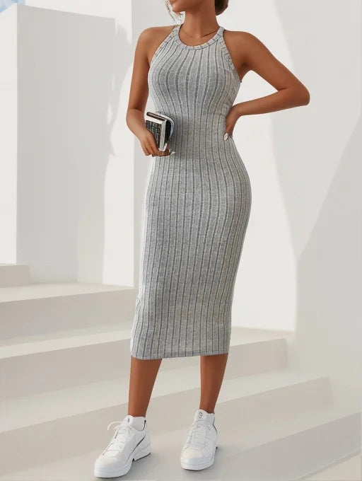Vestidos de malha, gola redonda, cor sólida, sem cinto, vestido de malha tricotado