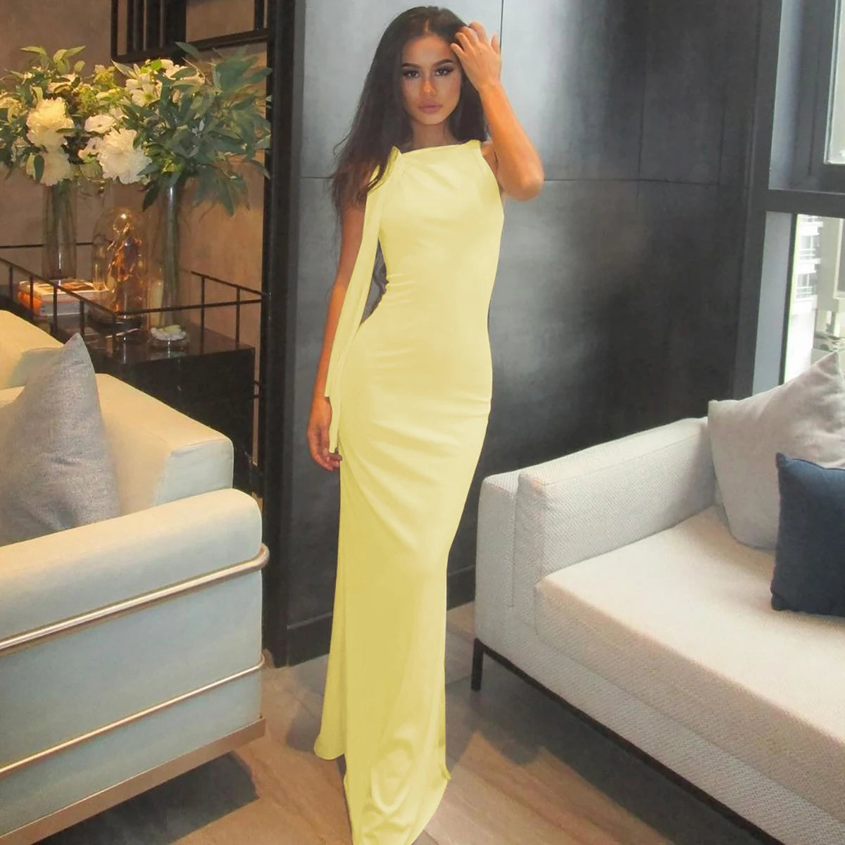 Vestido longo justo sexy sem mangas com decote redondo