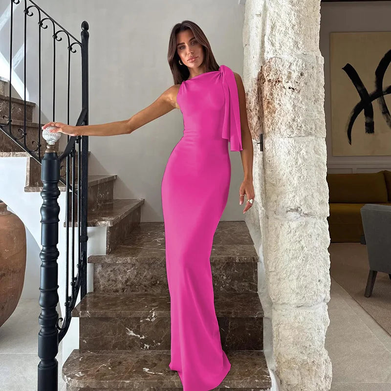 Vestido longo justo sexy sem mangas com decote redondo