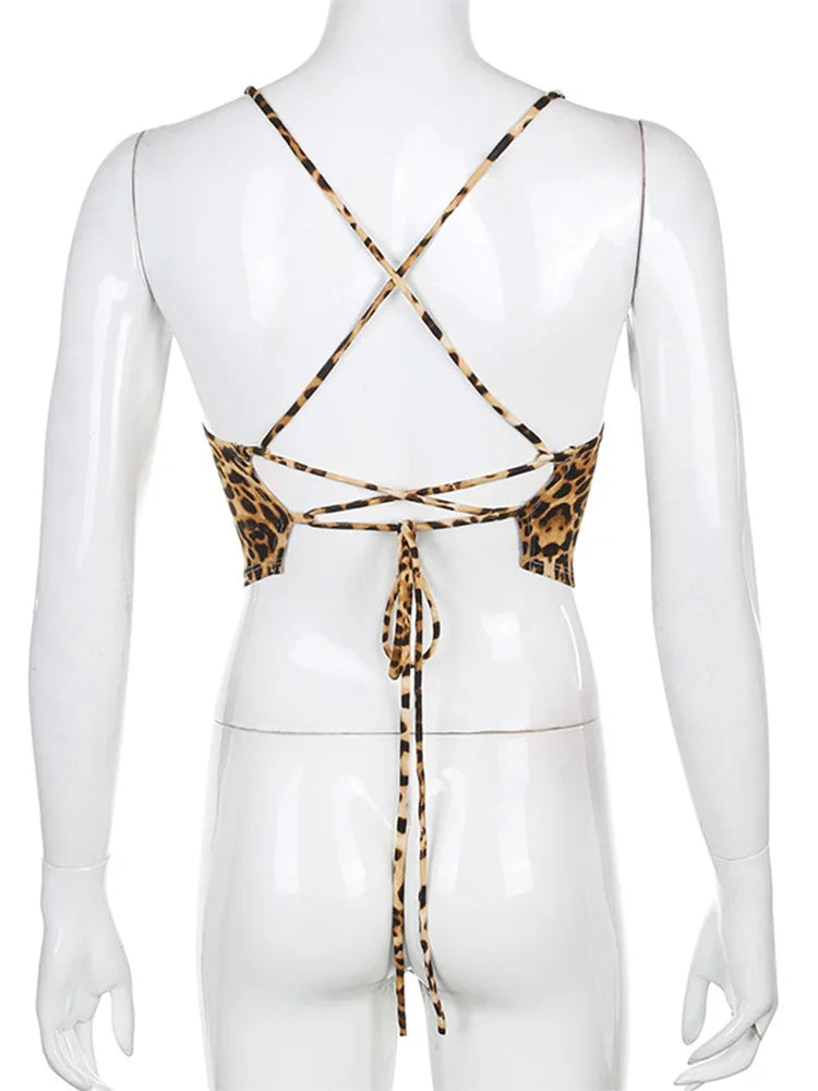 Top feminino com padrão leopardo, sem costas