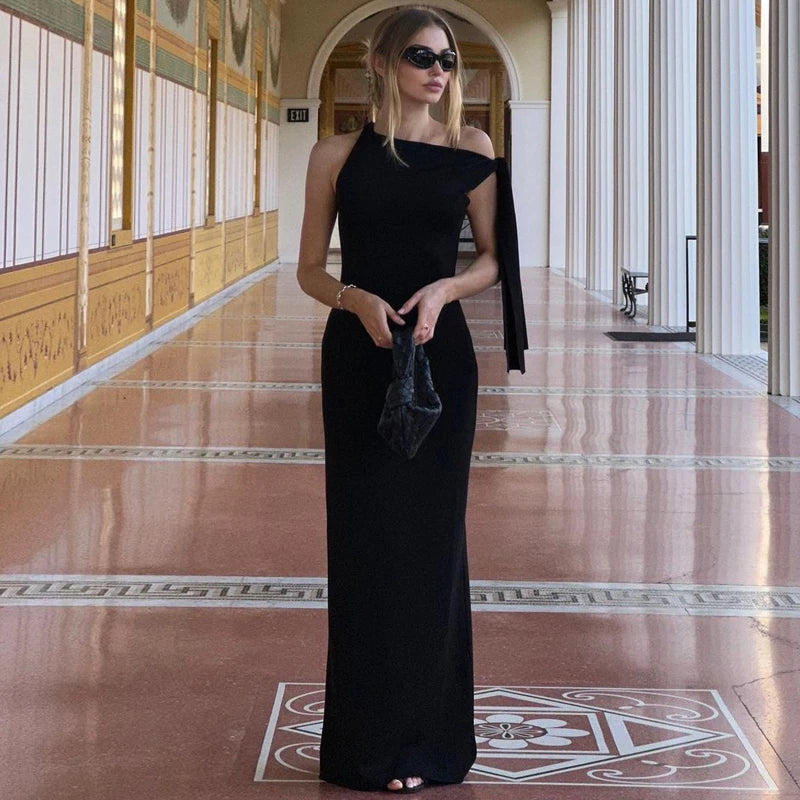 Vestido longo justo sexy sem mangas com decote redondo
