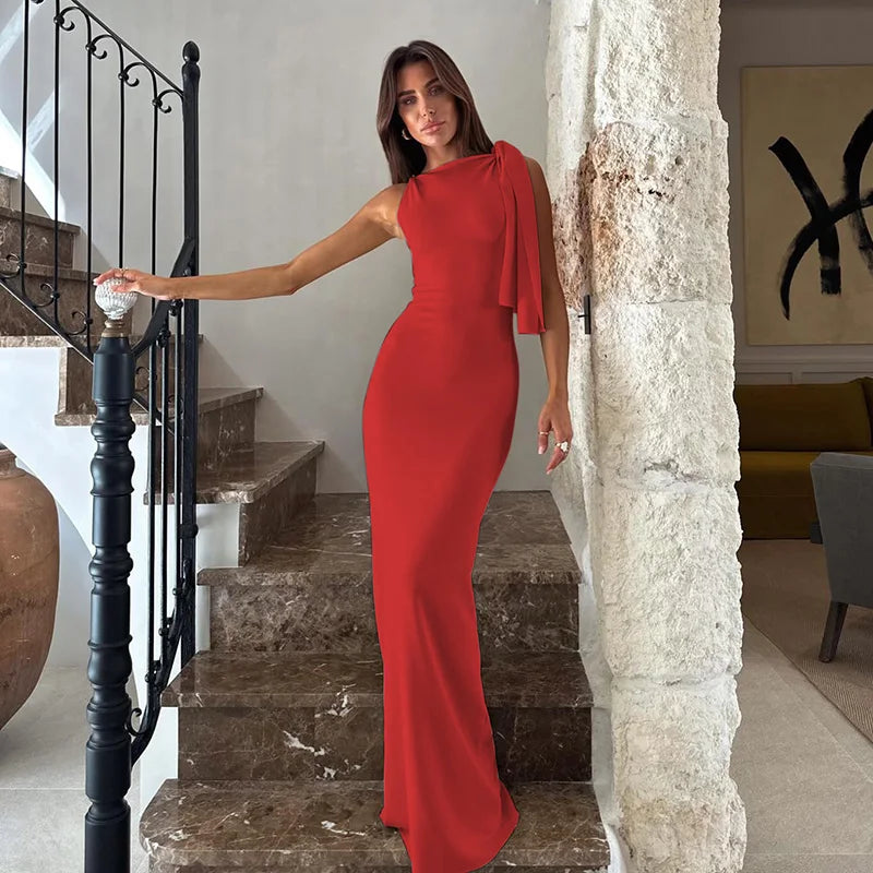 Vestido longo justo sexy sem mangas com decote redondo
