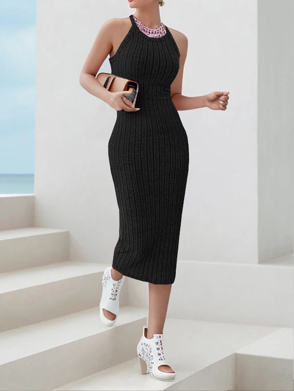 Vestidos de malha, gola redonda, cor sólida, sem cinto, vestido de malha tricotado