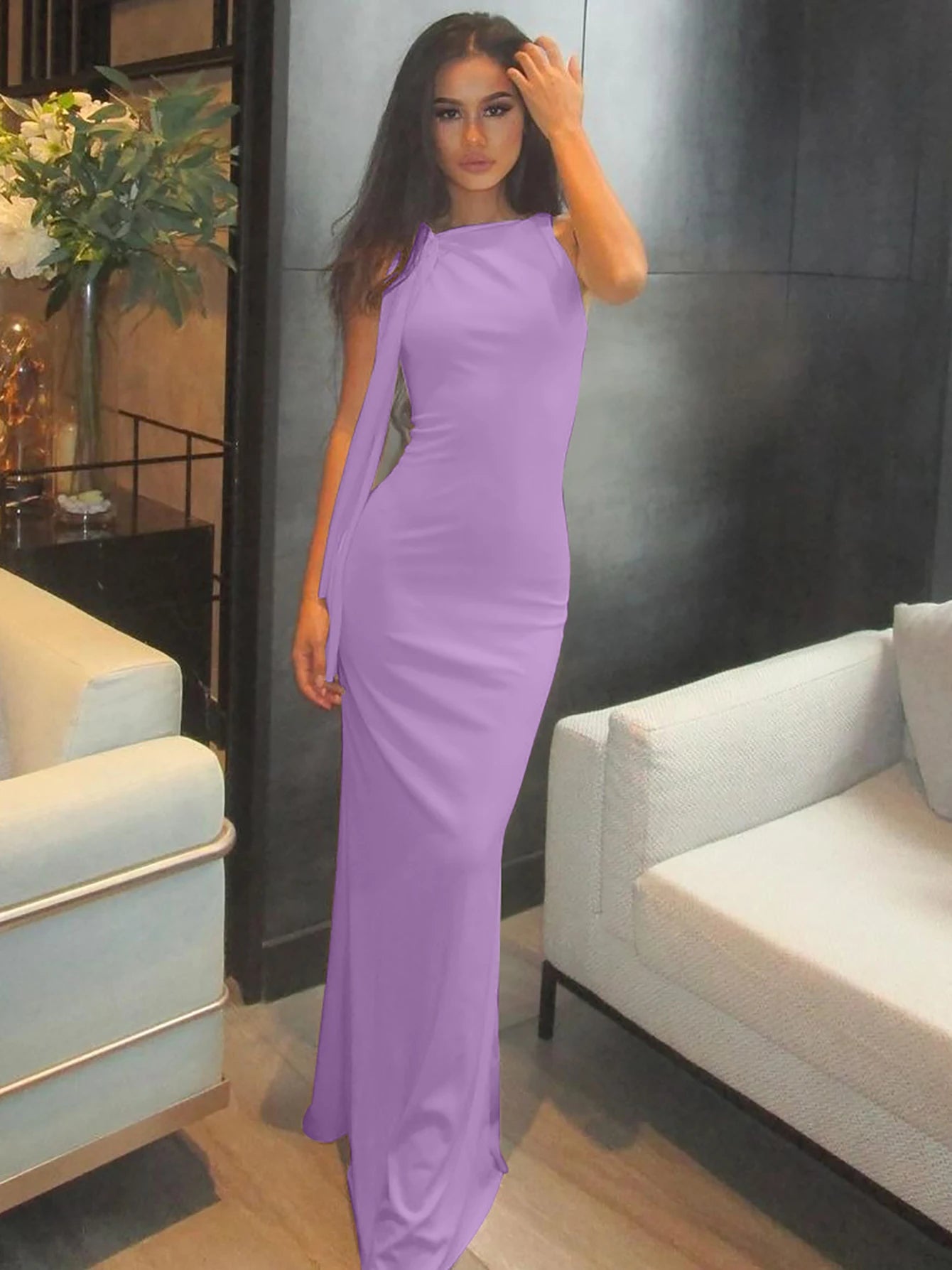 Vestido longo justo sexy sem mangas com decote redondo