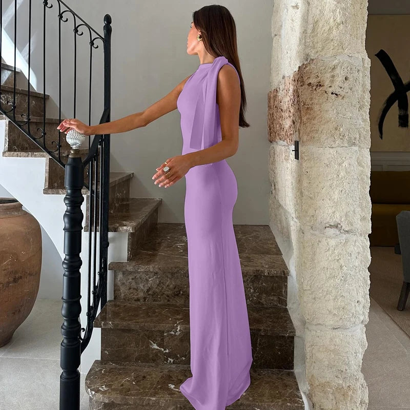 Vestido longo justo sexy sem mangas com decote redondo