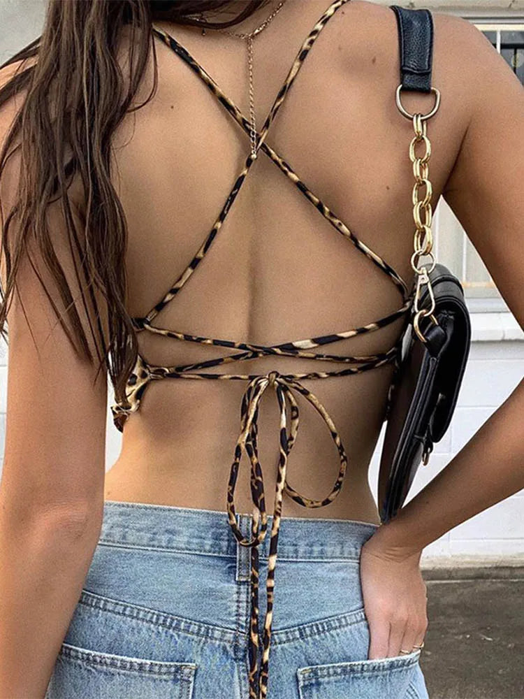 Top feminino com padrão leopardo, sem costas