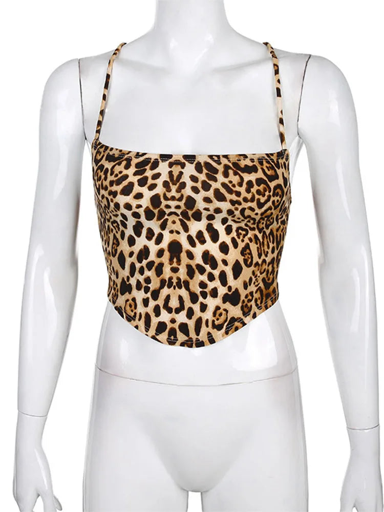 Top feminino com padrão leopardo, sem costas
