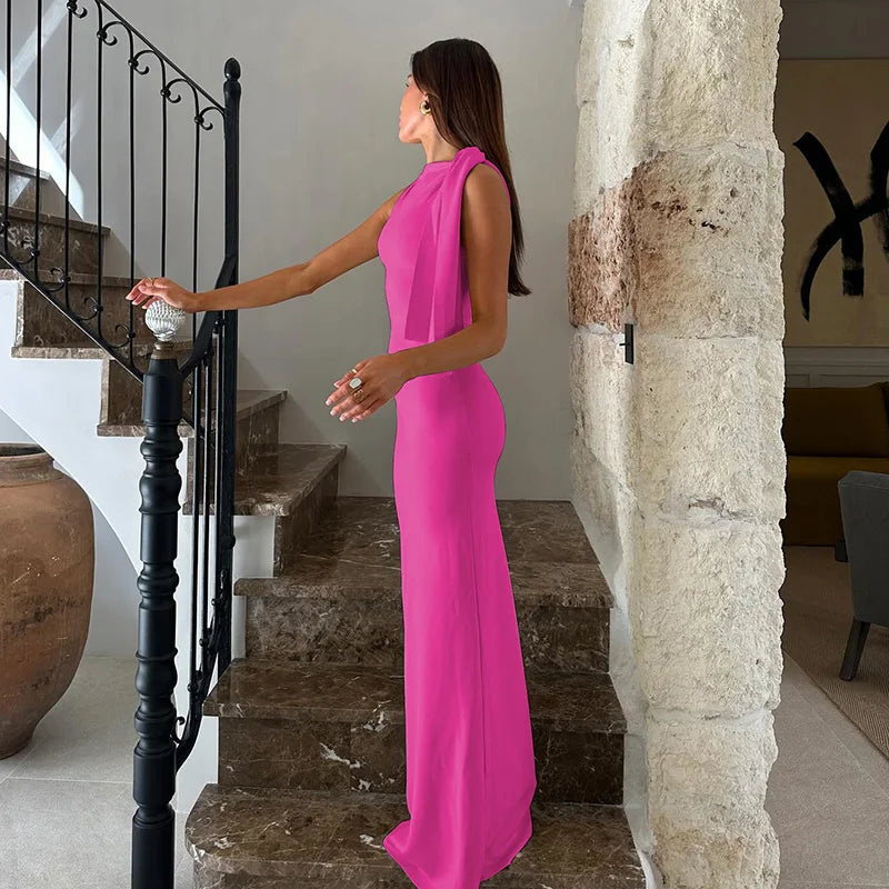 Vestido longo justo sexy sem mangas com decote redondo