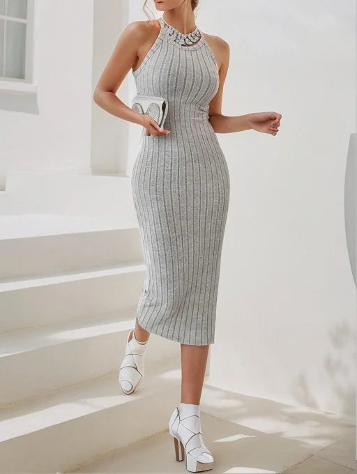 Vestidos de malha, gola redonda, cor sólida, sem cinto, vestido de malha tricotado