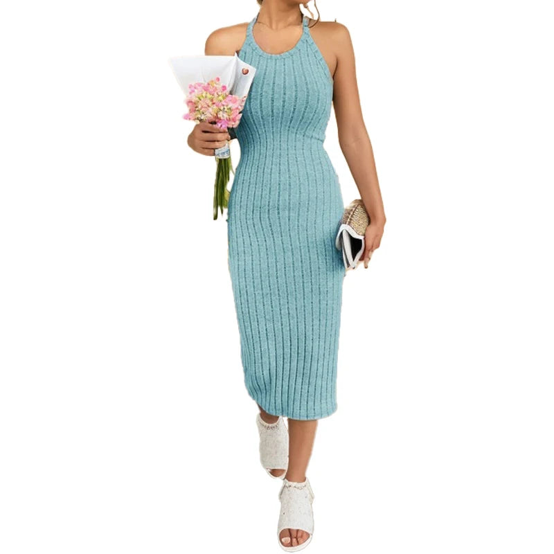 Vestidos de malha, gola redonda, cor sólida, sem cinto, vestido de malha tricotado