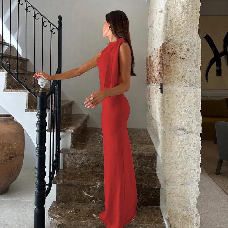 Vestido longo justo sexy sem mangas com decote redondo