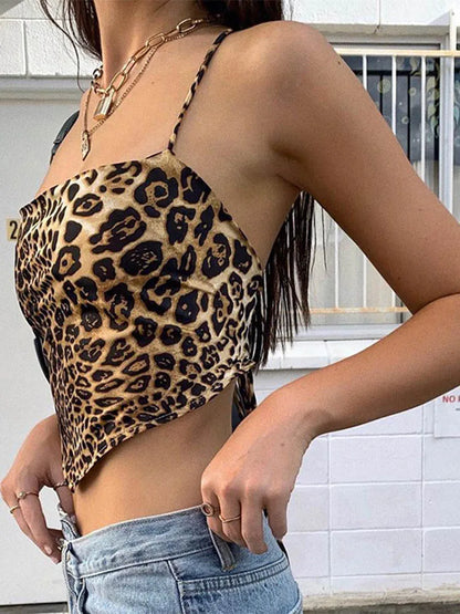 Top feminino com padrão leopardo, sem costas