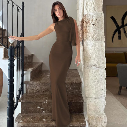 Vestido longo justo sexy sem mangas com decote redondo