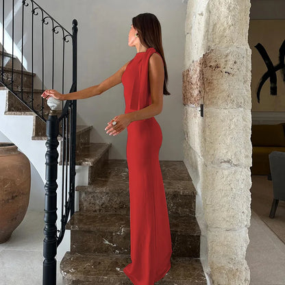 Vestido longo justo sexy sem mangas com decote redondo