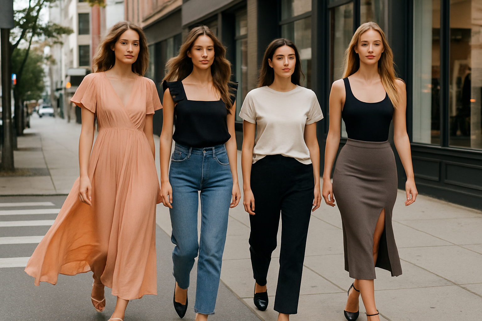 crie a imagem de mulheres andando na rua com, vestido, top, camiseta, body