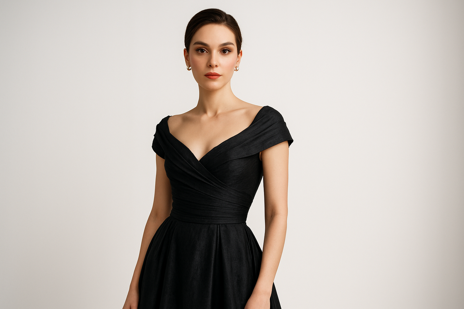 crie a imagem de uma mulher usando um vestido, de preferencia em um fundo branco, como se esstivesse em um estudio